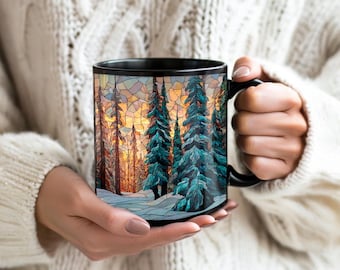 Winter immergrüner Wald Becher, Kiefernwald Kaffeetasse für Naturliebhaber, Buntglas Winterszene Becher, Kiefernwald Winterbecher für Freund
