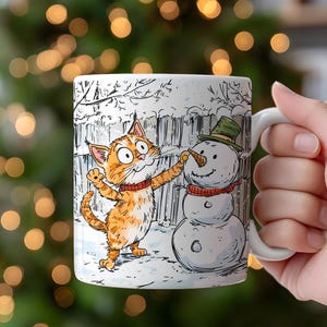 Taza divertida de gato, taza navideña de gato, taza de café con gato jugando en la cerda, taza navideña de gato naranja, taza navideña para amantes de los gatos, tazas divertidas para el invierno