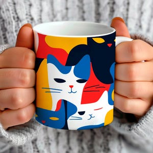 Taza de gato abstracta, taza de café de gato, taza de café de cerámica de arte abstracto, regalo para amantes de los gatos, regalo para dueños de gatos, regalo para mamás de gatos, taza abstracta, taza estética