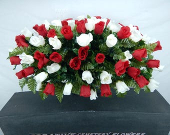 Handmade Red & White Rose Headstone Saddle: Cemetery Memorial Flowers