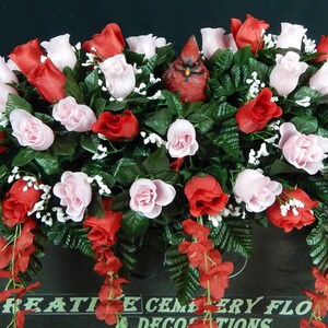 Creative Cemetery Flowers  • Regular or Double Headstone Saddle  • One Sided Vase Bushes  • Memorial Decoration • Cardinal Figurine • Roses