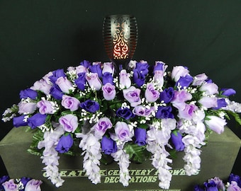 Handmade Silk Cemetery Flowers: Purple Rose Headstone Saddle with Solar Light