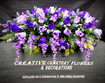 Creative Cemetery Flowers + Regular or Double Headstone Saddle + One Sided Vase Bushes + Memorial Decoration + Purple Wisteria