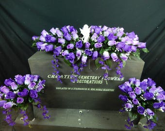 Creative Cemetery Flowers  • Regular or Double Headstone Saddle  • One Sided Vase Bushes  • Memorial Decoration • Angel •  Purple & Lavender