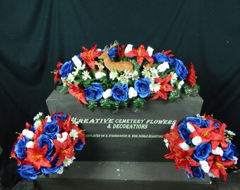 Creative Cemetery Flowers + Regular or Double Headstone Saddle + Vase Bushes + Handmade Memorial Decoration + Deer Family + Red White & Blue
