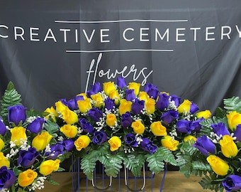 Regular or Double Headstone Saddle + Creative Cemetery Flowers + One Sided Vase Bushes + Purple & Yellow Rosebuds  + Handmade Memorial