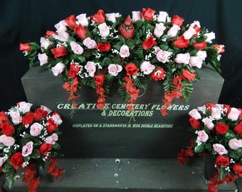 Cardinal Rose Headstone Saddle: Silk Cemetery Flowers, Memorial Decoration
