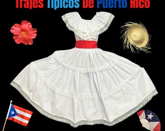 White Lace Puerto Rican Bomba Dress: 3-Piece Boricua Folkloric Dance Outfit