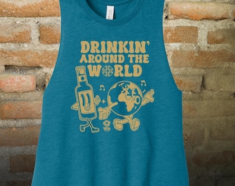 Camiseta sin mangas con la frase "Beber alrededor del mundo" / Camiseta inspirada en WDW / Camiseta retro con parque temático / Camiseta divertida con parque temático / Camiseta para amantes del vino / Camiseta corta sin mangas