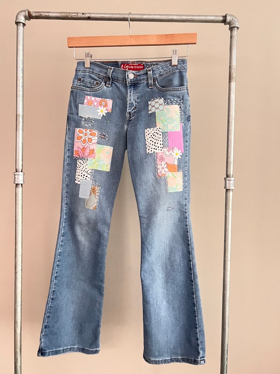 Reworked Vintage Jeans Redone Patched Stitched Pink Purple Flowers