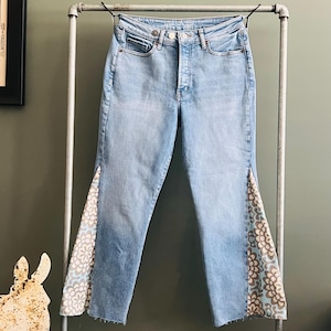 Upcycled Boho Jeans Size 8/10 Flare wide leg Patched blue white faded urban floral Vintage  Womens denim flower adjustable waist