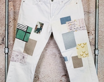 Boho Patched Upcycled white womens jeans size 10/30 camo green