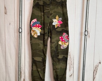 Boho Upcycled Camo women’s pants Kantha patched stitched upcycled size xs high waisted