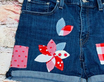 Upcycled Denim Shorts: Patched Boho Style, Size 10