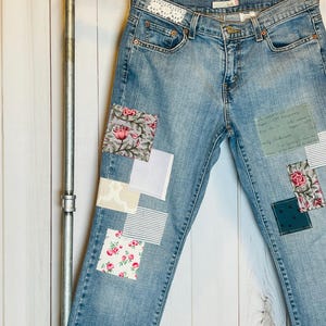 Upcycled Levi&#39;s Jeans: Boho Lace Kantha Patchwork, Size 8M