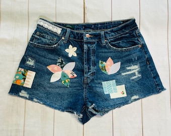Upcycled Denim Shorts: Patched Floral Boho Style, Size 12
