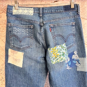 Upcycled Vintage Levis size 8 high waisted Patched Denim Reworked Womens Jeans image 3