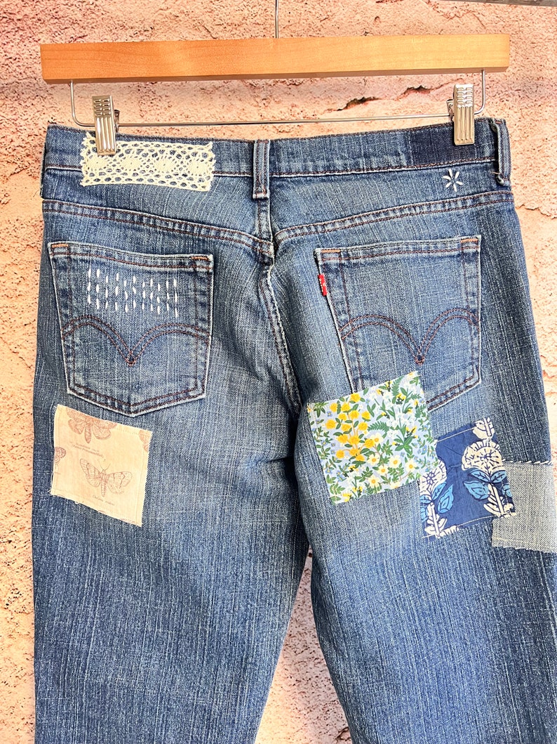 Upcycled Vintage Levis size 8 high waisted Patched Denim Reworked Womens Jeans image 3