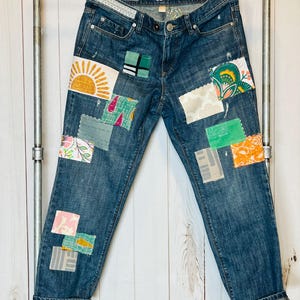 Upcycled Boho Jeans size 8/10 Patched women’s jeans ripped Kantha lace patches blue scarf sun green vintage patches
