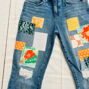 Upcycled Boho Patchwork Jeans: High-Rise Vintage Lace, Size 6/8