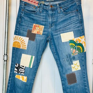 Upcycled Patchwork Denim Jeans: Boho Floral Lace, Size 7/8 (29), Inseam 28”