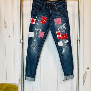 Boho size 10 Upcycled Redone Patched Denim Levi’s dark wash womens