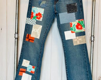 Boho size 8 Upcycled Vintage Levi’s Patched Stitched Patchwork