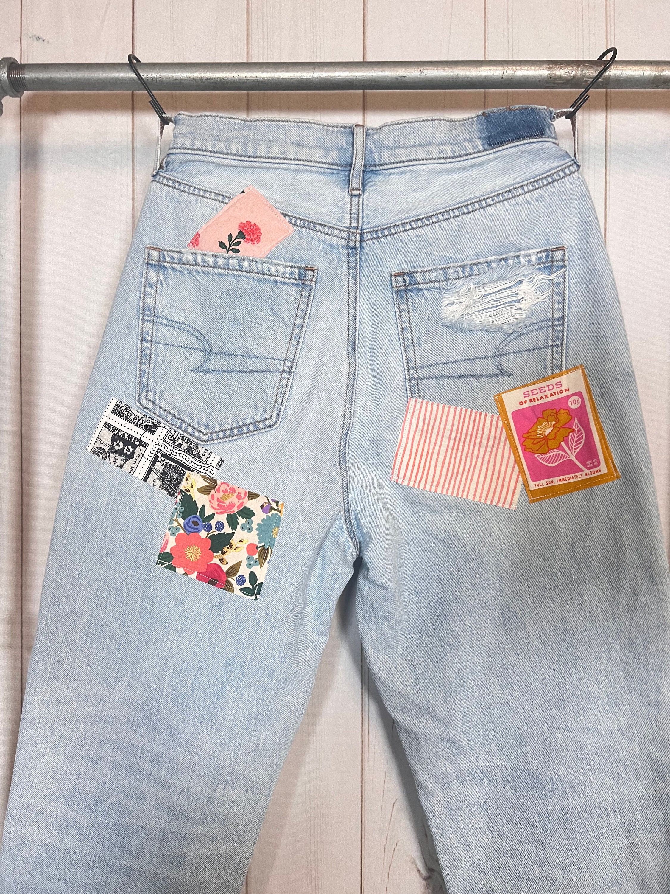 Boho Siz 6s Upcycled Light Wash Ripped Patched Woman Denim