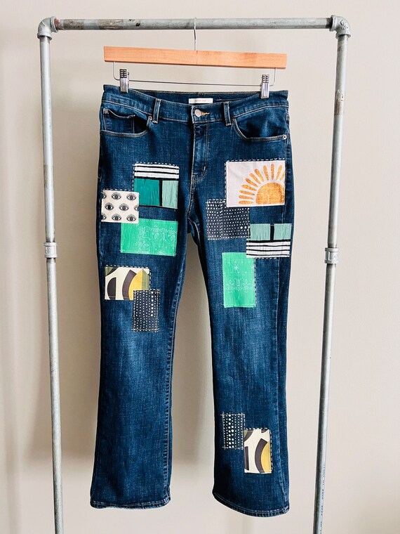 Upcycled Patched Redone Levis Size 12 Green Navy Dot Denim - Etsy