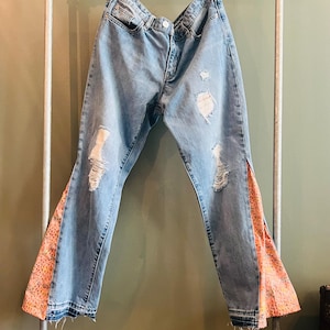 Upcycled Boho Jeans Size 10 Flare wide leg Patched pink blue white faded urban floral Vintage ripped Womens denim flower adjustable waist