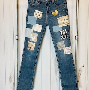 Boho size 10 Upcycled Patched Patchwork high waisted denim jeans womens Levi’s 505 straight leg