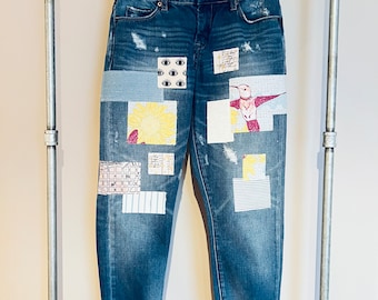 Reworked Upcycle Denim Jeans Size 26 Patch Unique Womens