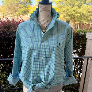 Medium - Upcycled Ralph Lauren Button Down Oxford Shirt - Blue Green Plaid