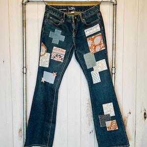 Upcycled Boho Jeans size 6 Patched Redone Denim boot cut Recycled Reworked Brown Kantha vintage lace
