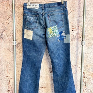 Upcycled Vintage Levis size 8 high waisted Patched Denim Reworked Womens Jeans image 5