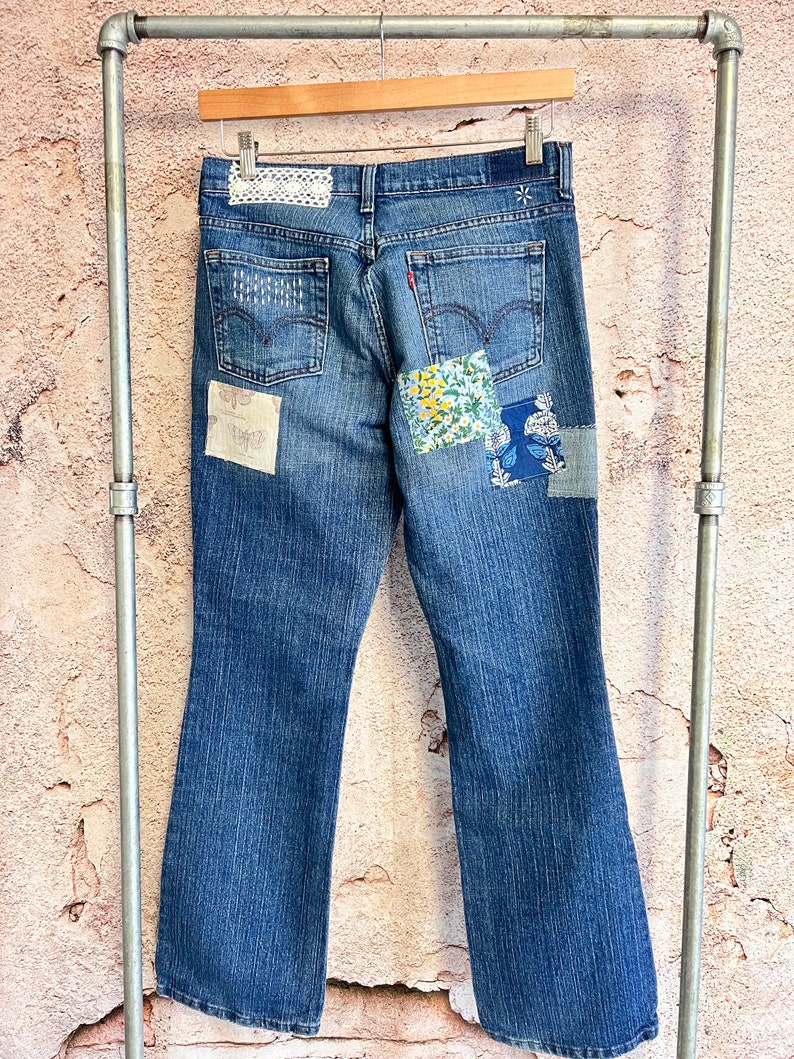 Upcycled Vintage Levis size 8 high waisted Patched Denim Reworked Womens Jeans image 5
