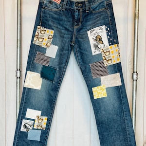 Boho size 6p/28 Fall Floral Star Patched Womens Denim Jeans vintage stitched upcycled