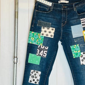 Boho size 10 Upcycled Redone Patched Denim Levi’s dark wash womens