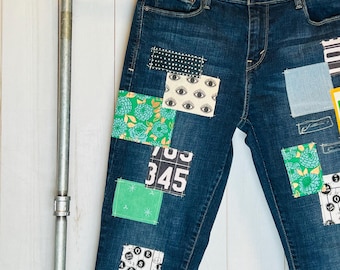 Boho size 10 Upcycled Redone Patched Denim Levi’s dark wash womens