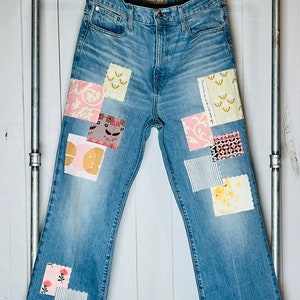 Boho size 28/6s Patched women’s jeans floral patches stitched pink yellow high rise