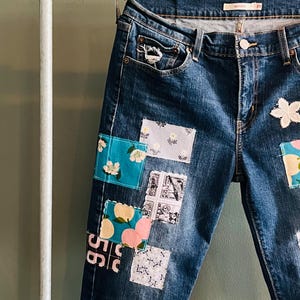 Upcycled Boho Patchwork Jeans: Vintage Levis, Lace & Floral Details, Size 6/8