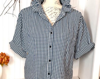 Upcycled Button Down Oxford Shirt - Blue gingham, Ruffle collar L/XL