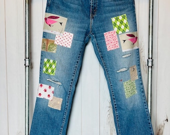 Geüpcycleerde Levi's 505-jeans: boho patchworkdenim, maat 10