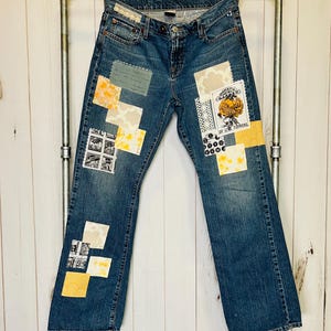 Boho size 10 Upcycled Patched Stitched vintage women’s denim jeans Festival