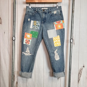 Boho size 2/26 Upcycled Denim Jeans Ripped Patched Womens Unique