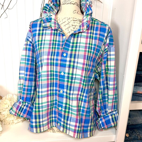 Upcycled Button Down Oxford Shirt - Blue Pink Plaid, Ruffle collar XL
