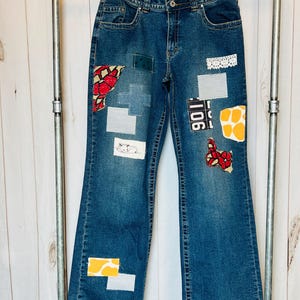 Upcycled Patchwork Denim Jeans: Boho Kantha Lace, Size 10/12