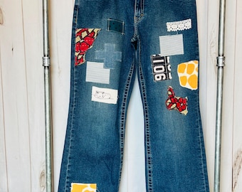 Upcycled patchwork-denimjeans: bohokantha-kant, maat 10/12