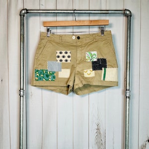 Upcycled Khaki Shorts: Boho Patched & Stitched, Size 12