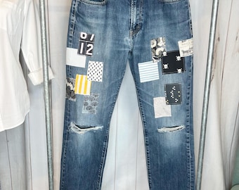 Boho Patched High Rise Jeans: Floral Stripe Appliqué, Size 10/12/14 - 32/32